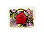 BEAD, metal jewel bead  with violet pink trim and rhinestones with flowers retro vintage style