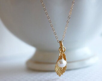 Gold Leaf and White Pearl Necklace - Small Everyday Necklace 14 Kt Gold Fill Chain