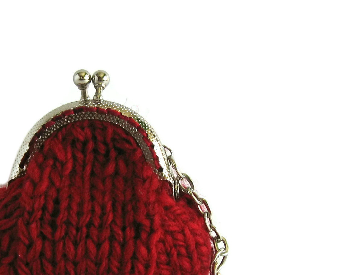 Red Coin Purse with Keychain Hand Knitted