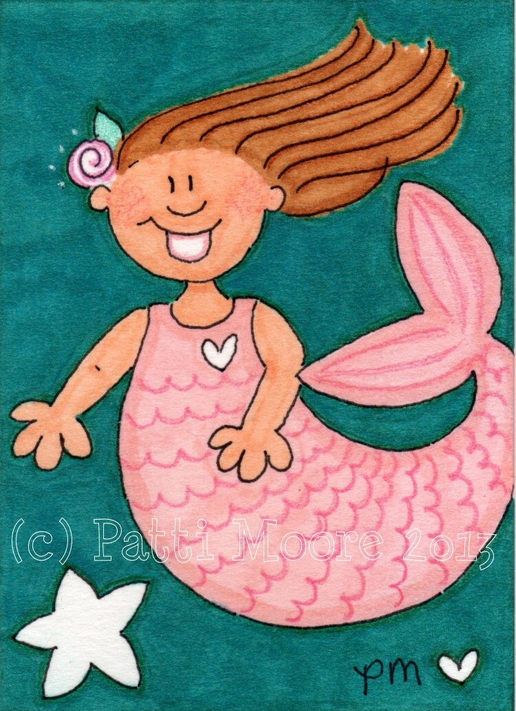 ACEO Original Illustration - Folk Art - Cute Whimsical - 2.5" x 3.5" - Whimsical Mermaid