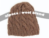 Hand Knit Mens Beanie - Cable Knit Hat - Alpaca Wool Blend Yarn - Chocolate Brown