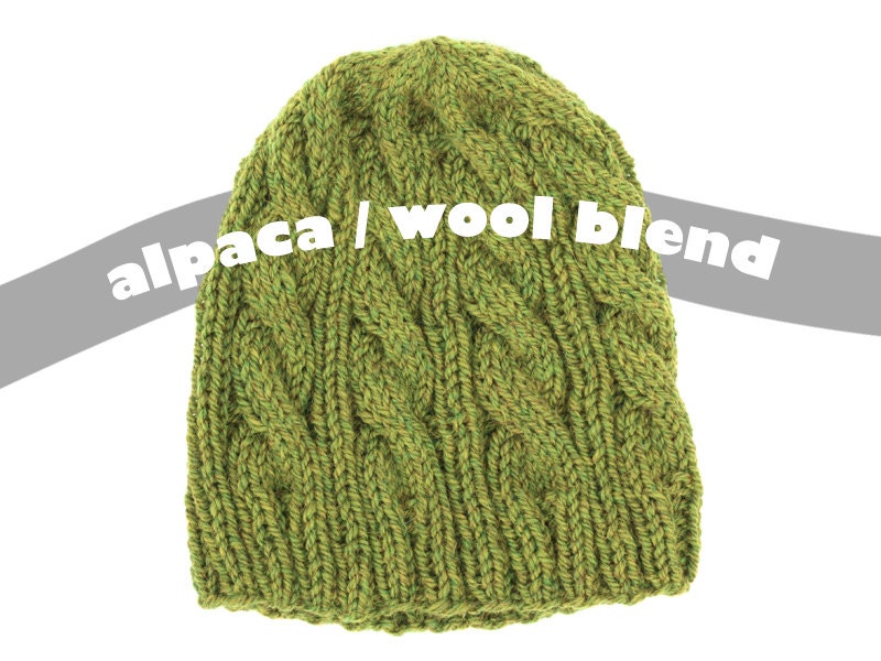 Hand Knit Mens Beanie - Cable Knit Hat - Alpaca Wool Blend Yarn - Avocado Green