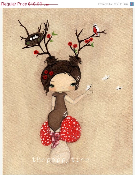 Poppy Print Whimsical Tree Girl Mushroom Wall Art---Poppy Tree Print