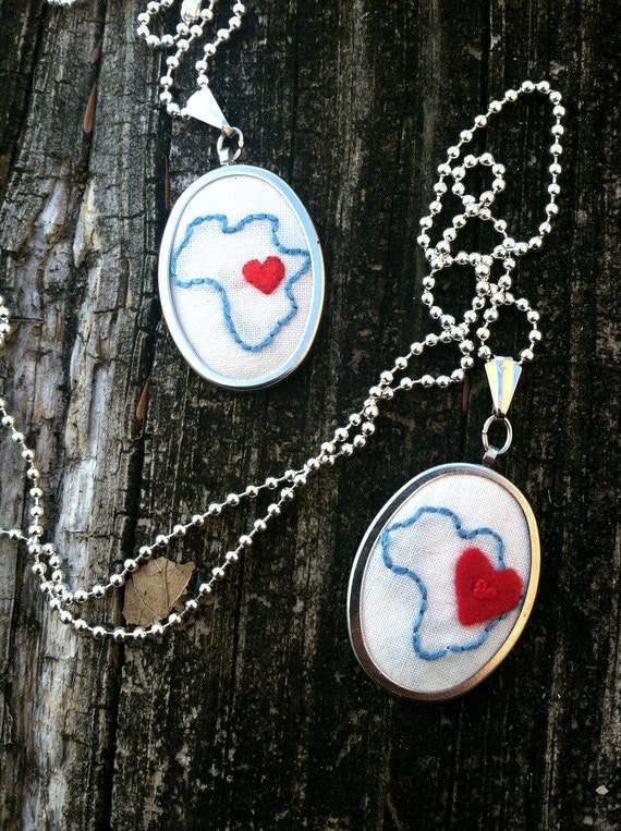 africa hand embroidered silver pendant with silver ball chain//customized heart placement//felt or embroidered heart Il_570xn