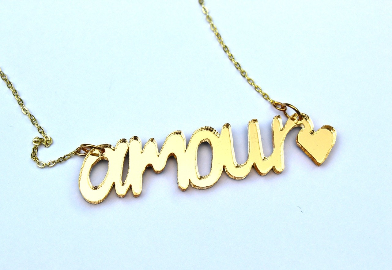 Valentine's Amour Love Mirror Acrylic Necklace Gold Perspex on Gold Plated Chain