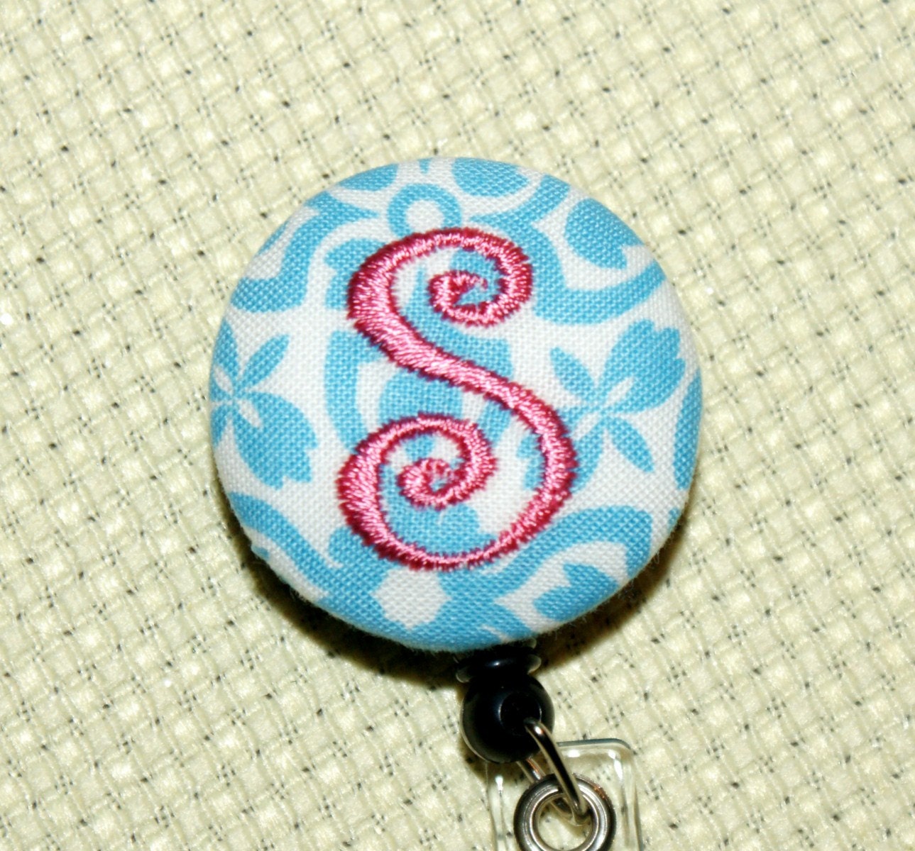 Many fabrics to design YOUR Badge Reel. Monogrammed single letter, Turq swirl