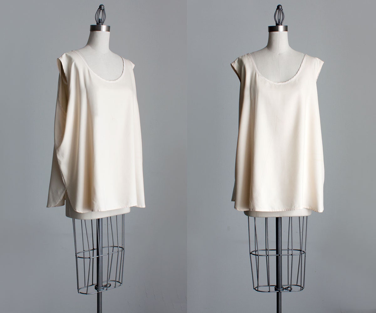 Cream Silk Blouse 90s Vintage Cream Oversized Tent Tank Top Tunic Silk Sleeveless Shirt