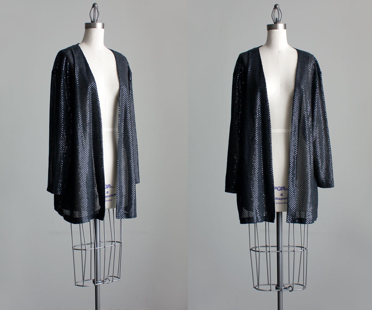 Sheer Black Jacket 1980s Vintage Black Sheer Sequin Slouchy Blazer Evening Coat