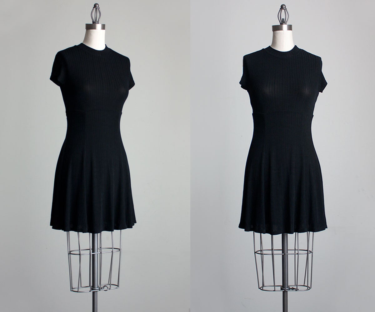 Black Mini Dress 1990s Vintage Black Ribbed Stretch Spandex  Mini Dress