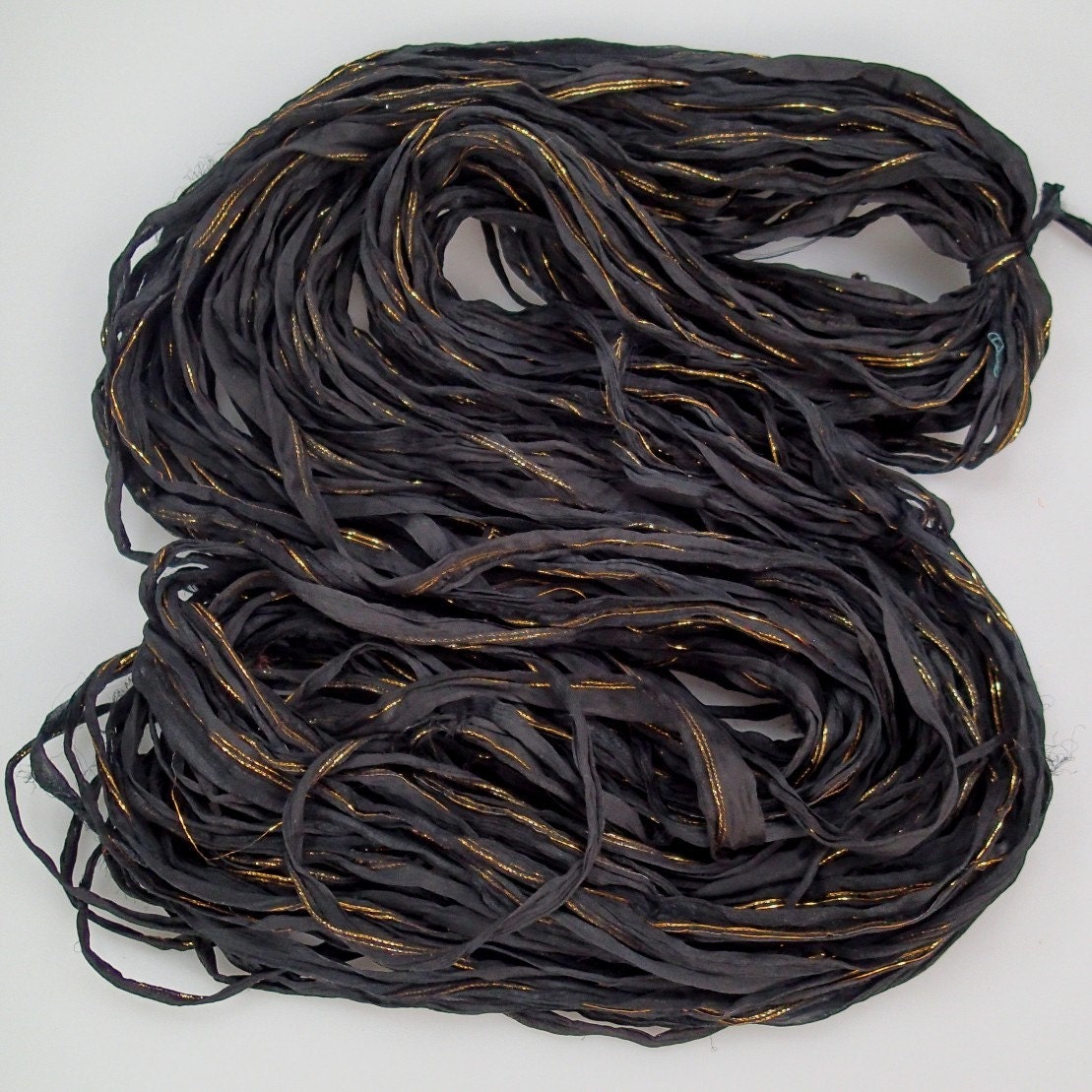 Recycled Silk Sari Ribbon Black with gold Zari border