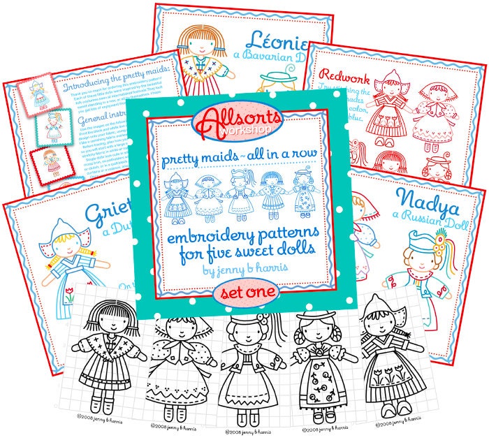 Pretty Maids One embroidery patterns for five international dolls - Instant Download