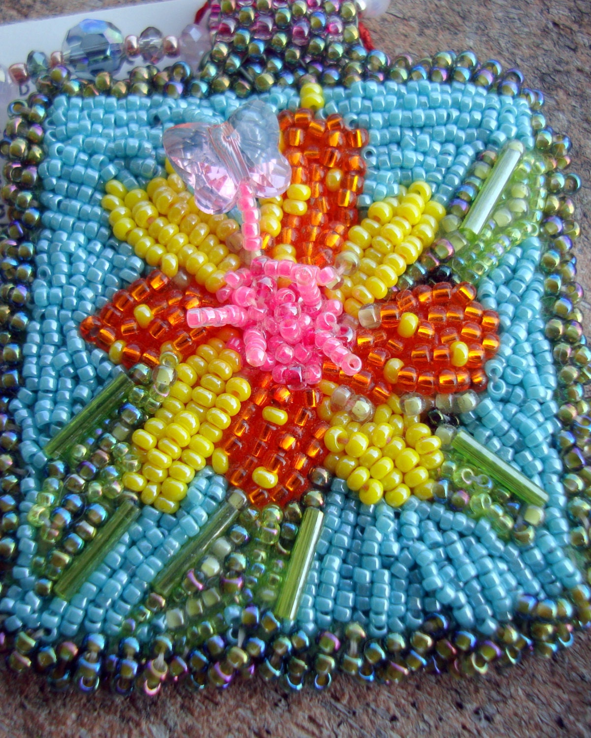 Bead Embroidery Flower Pendant Necklace