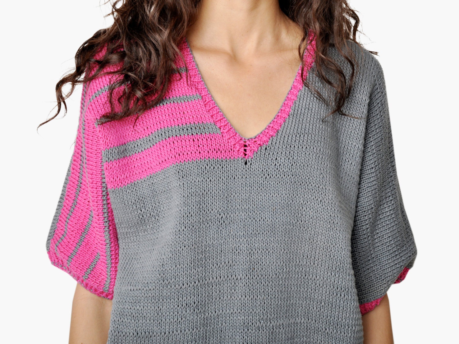 Vintage Gray and Fuchsia Color Blocked Sweater Top