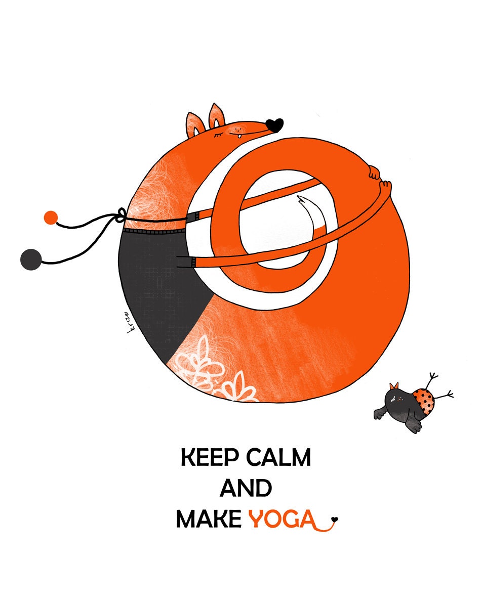Digital illustration, Yoga,  Keep calm and make yoga, Illustration Print, Relax, Fox