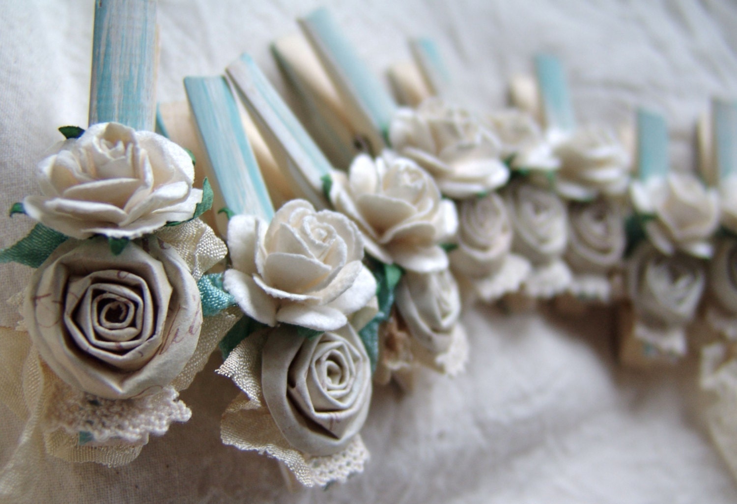 Shabby Chic Wedding Ivory and Cottage blue decorative clothespins rustic set of 10 decorated clothes pins with love letters paper flowers