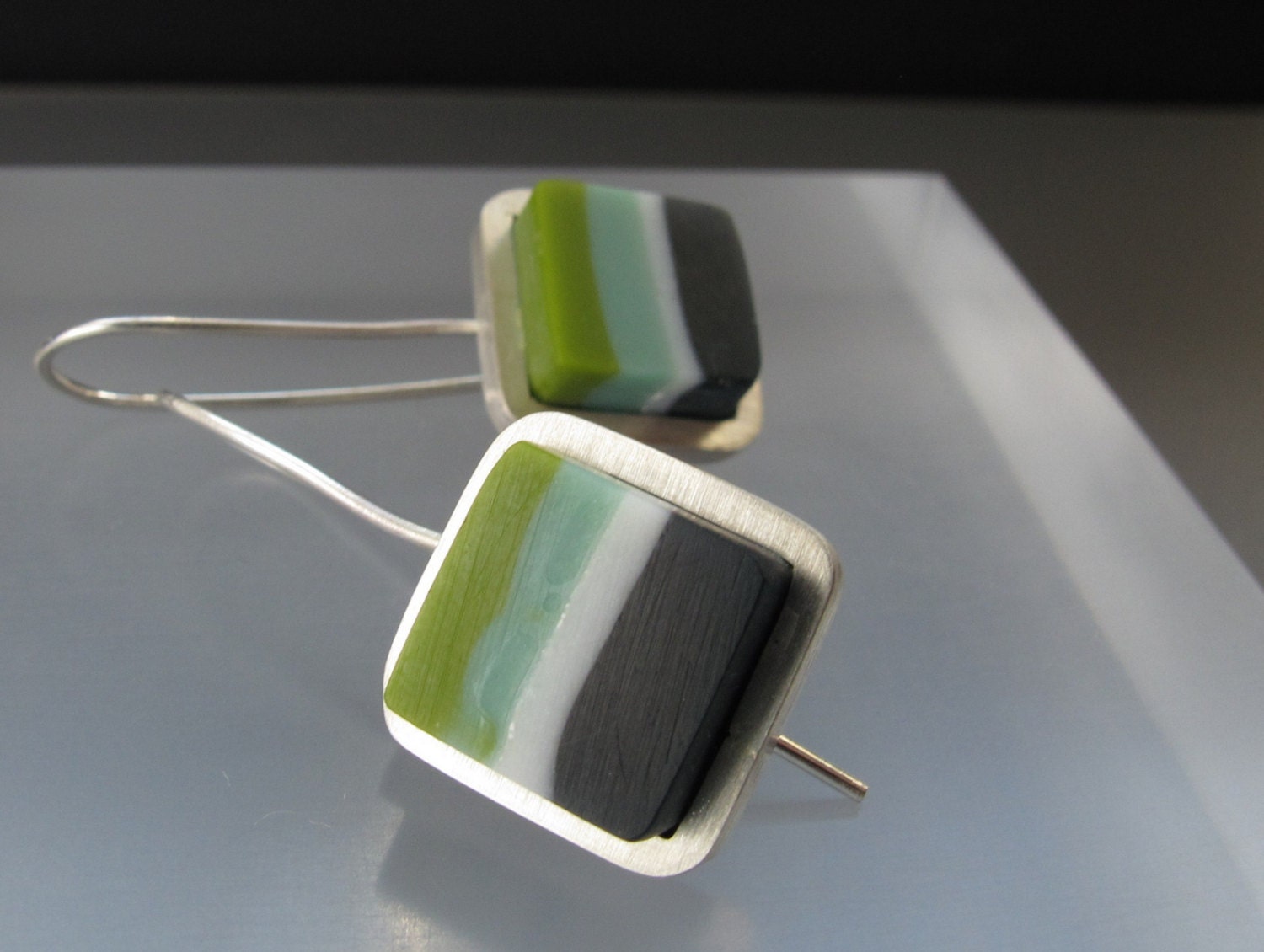 Stripe - Blue and Green Striped Resin Earrings - Square Silver & Resin Dangle Earring - Aqua Blue, Indigo, Pesto Green - One of a Kind