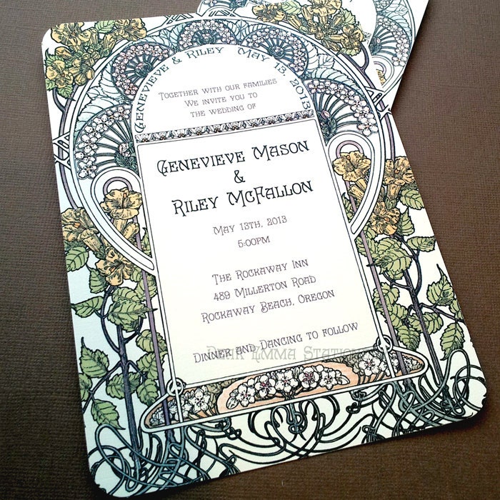 Gatsby Garden Wedding Invitations - Art Nouveau Art Deco - Invitation and Reply cards - Sample