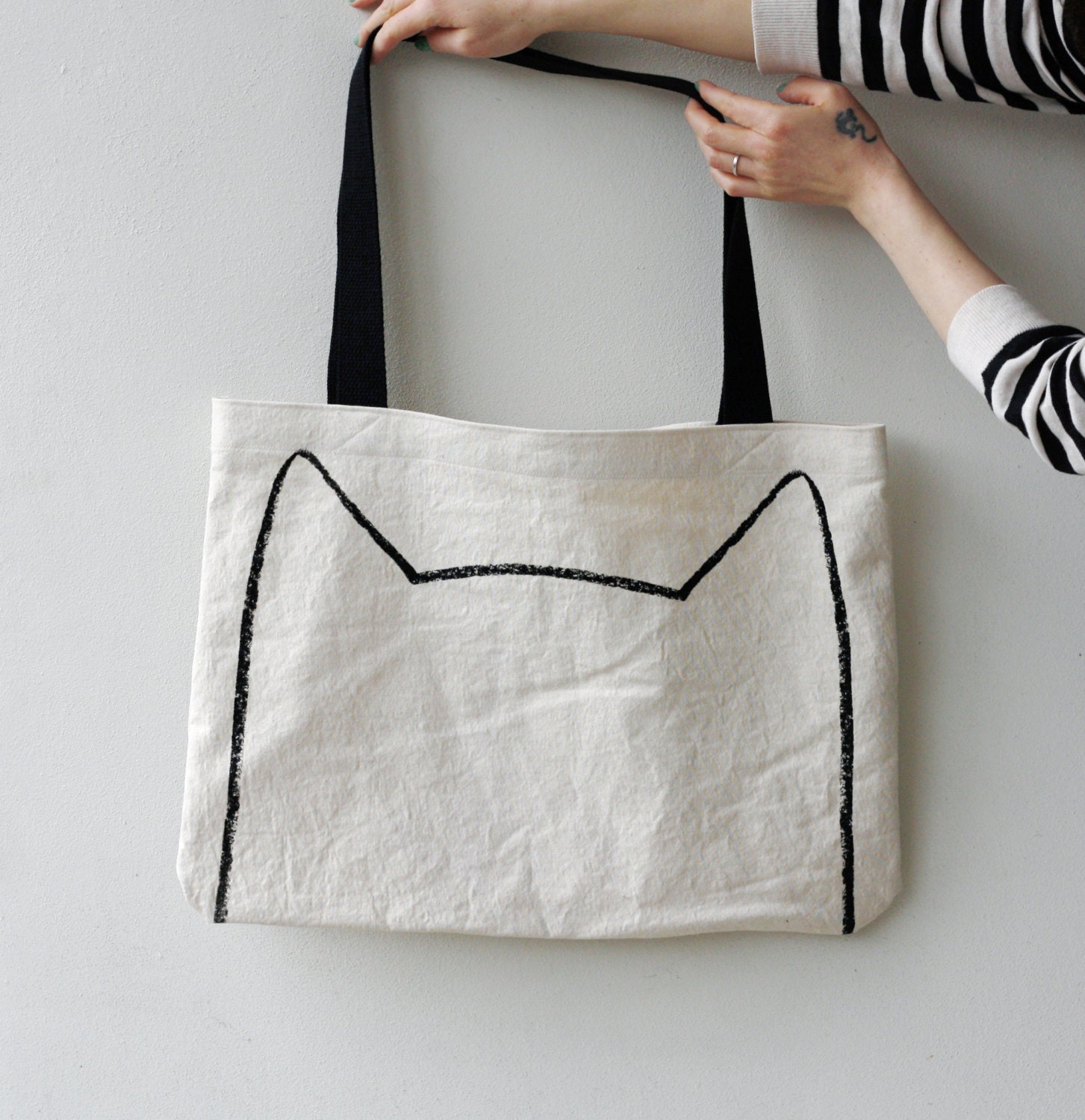 Big Kitty Cat Canvas Tote Bag - screen printed drawing, cat lover, eco friendly