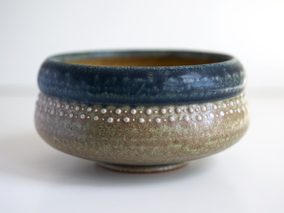 Spotted Stoneware Bowl with Ultramarine Blue Trim, Stoneware Pottery