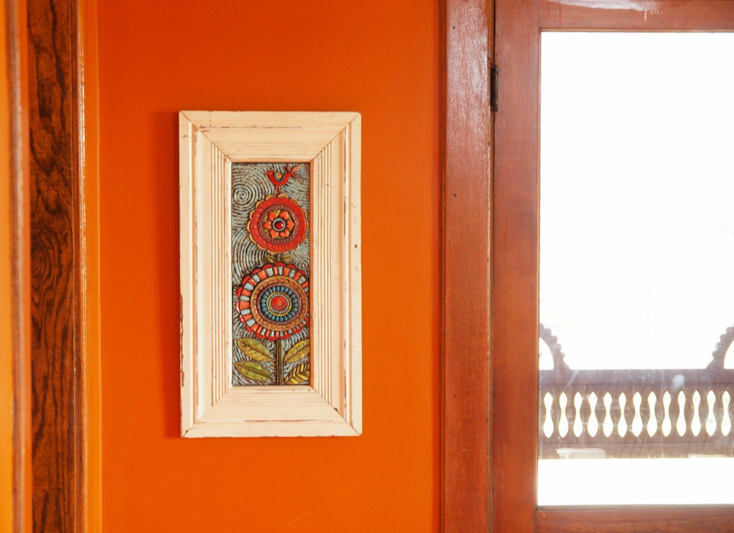 Floral Mosaic -Lina's Blooms Clay Tile Wall Art in Reclaimed Architectural Trim- Colorful Pottery Botanic Floral Home Decor Made to Order