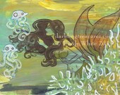 Gossamer Mermaid coral explore jellyfish ocean Fantasy Art 7 x 5 Original acrylic painting on canvas texture