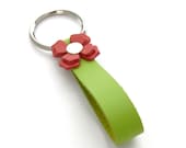 Bright Spring Kiwi Green Leather Flower Keychain, A Handmade Leather Key Ring in Watermelon Pink and Green