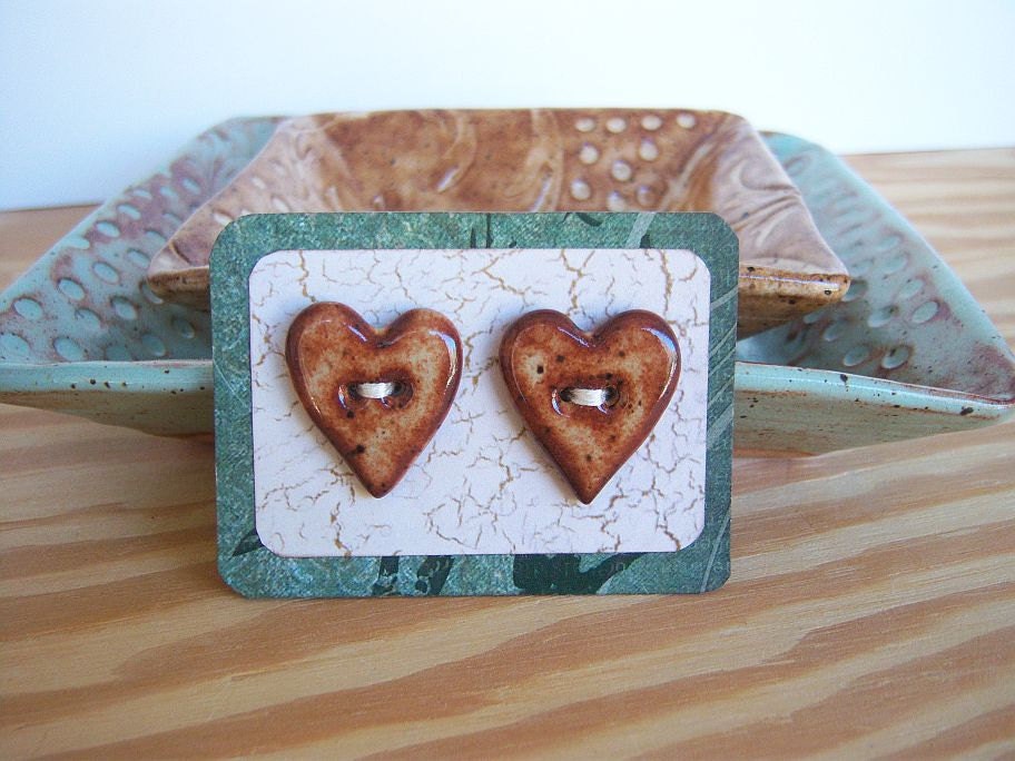 Stoneware Heart Buttons in Shino Glaze - Set of 2