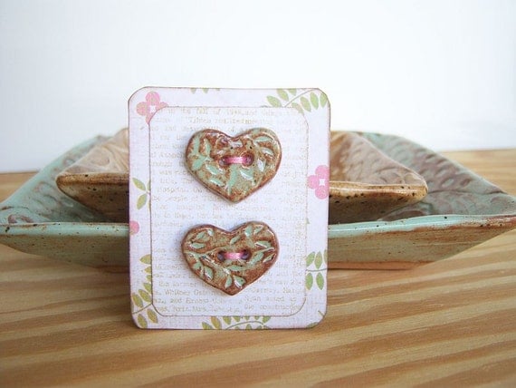 Stoneware Heart Buttons in Pistachio Shino Glaze - Set of 2