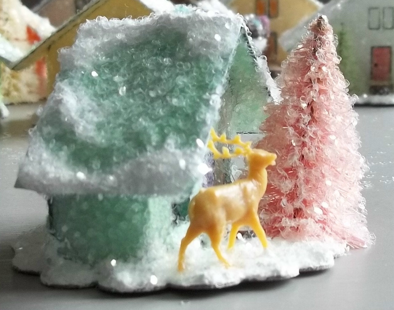 Vintage Retro Putz Style Miniature Mint Green Glitter Sugar House Shabby Christmas Village Ornament  Reindeer Pink Trees