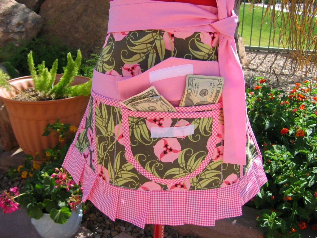 Vendor Apron / Half Apron with 6 Pockets / Money Pocket with Flap and Velcro / Key Loop / Change Pocket / Amy Butler Nigella Passion Vine