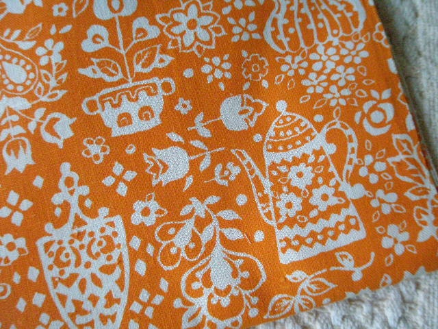 Vintage 1950s Orange-White Flower and Teapot Fabric