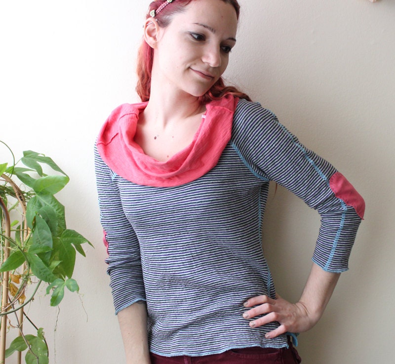 eco friendly stripes cowl pink heart elbow patches top small