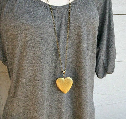 Vintage heart locket necklace - with long brass chain