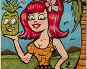 Red Haired Hula Tiki Babe Holding Smiling Pineapple Hawaiian Hand-Painted Matchbook