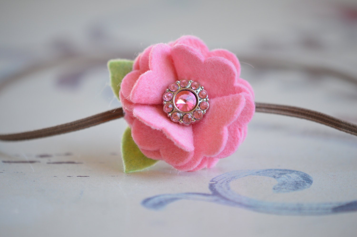 Cotton Candy Pink Felt Flower Pom Headband With Rhinestone Button Accent - Flower Headband For Baby