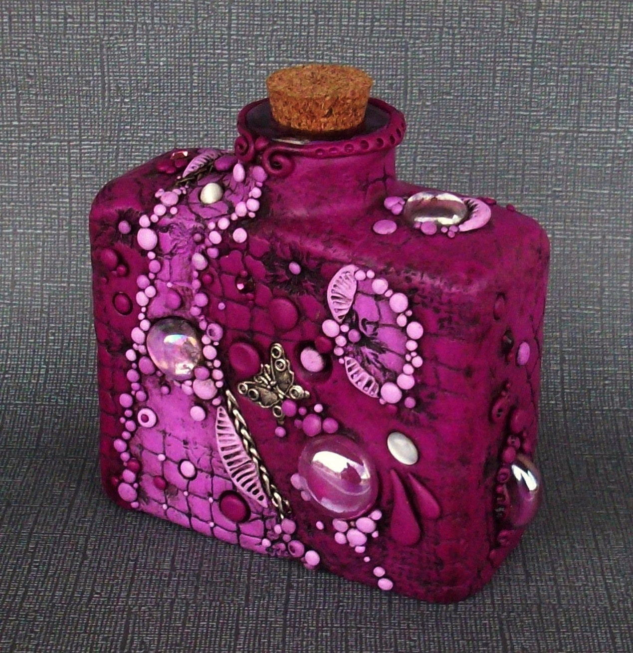 Ornate Purple Bottle Vase Polymer Clay and Glass