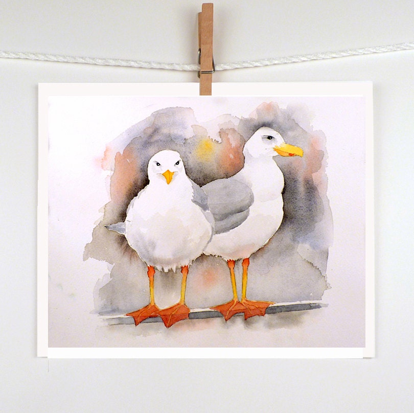 Seagulls - Original Watercolor Painting - Mothers Day - Bird Painting, Nature Art - Kids Women men - Grey - Nautical Ocean - 8.5 x 8.5 - LaBerge