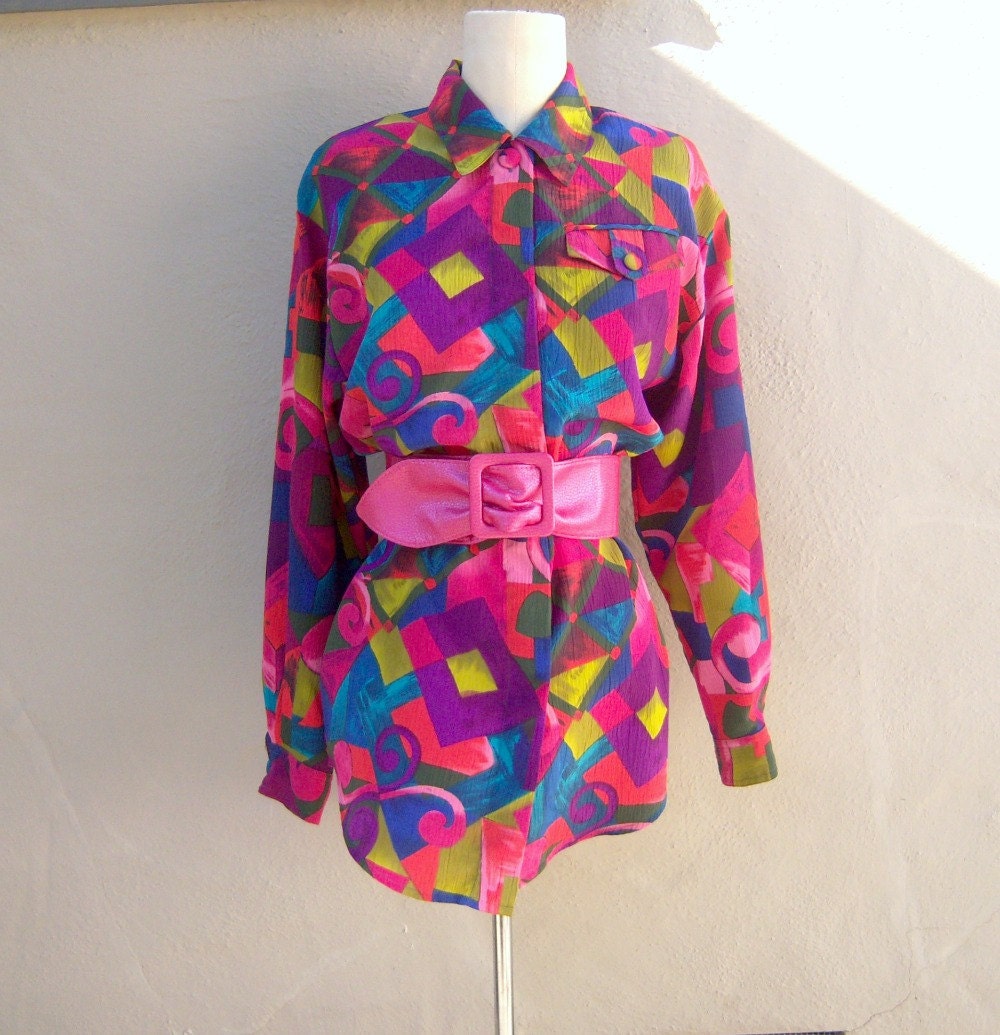 Vintage 80s blouse // psychedelic colorblock// pink blue purple // woman's small