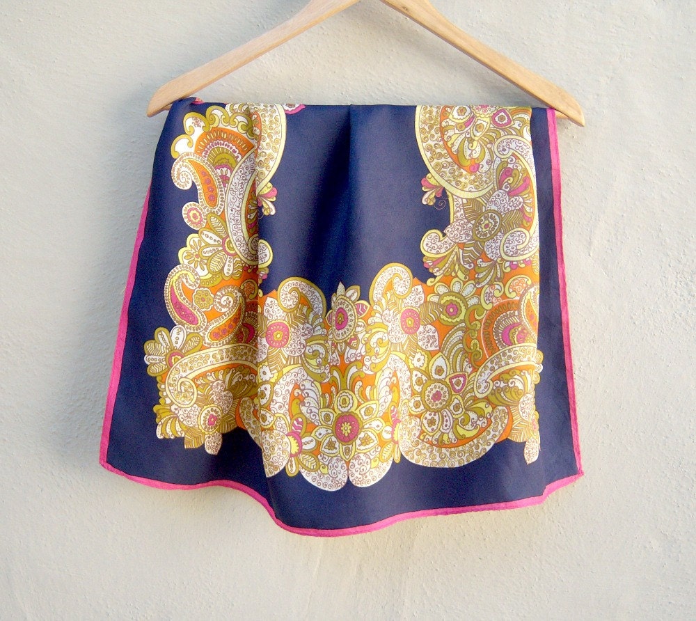 60s vintage scarf // psychedelic orange yellow navy pink // hippie boho kaleidescope scarf