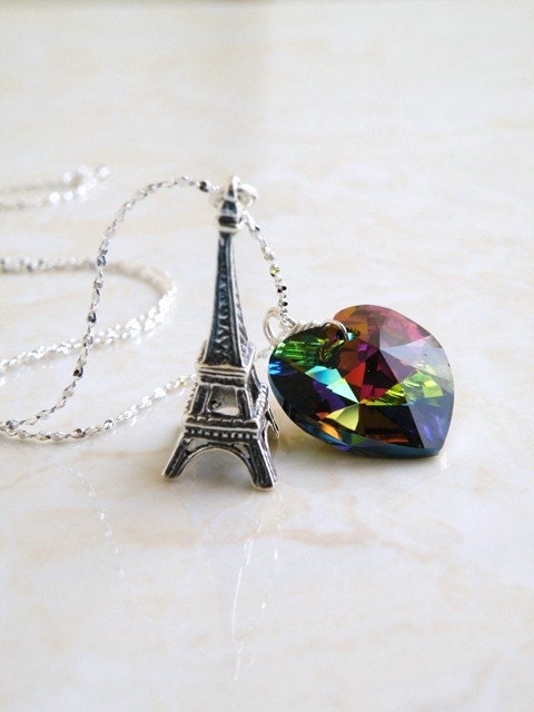 Green Purple Swarovski Heart Necklace Sterling Silver Eiffel Tower Paris Charm Pearl Valentines Wedding Jewelry Bridesmaids Jewelry