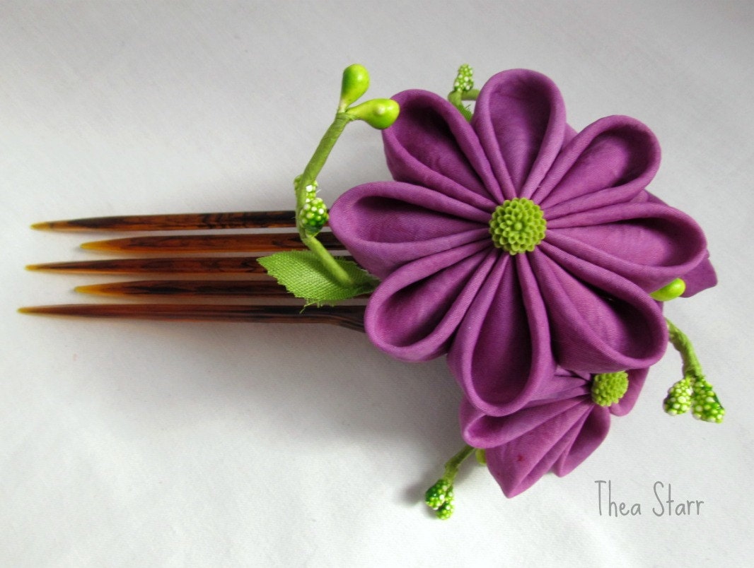 Kanzashi Fabric Hair Flower Bouquet- Purple Wasabi