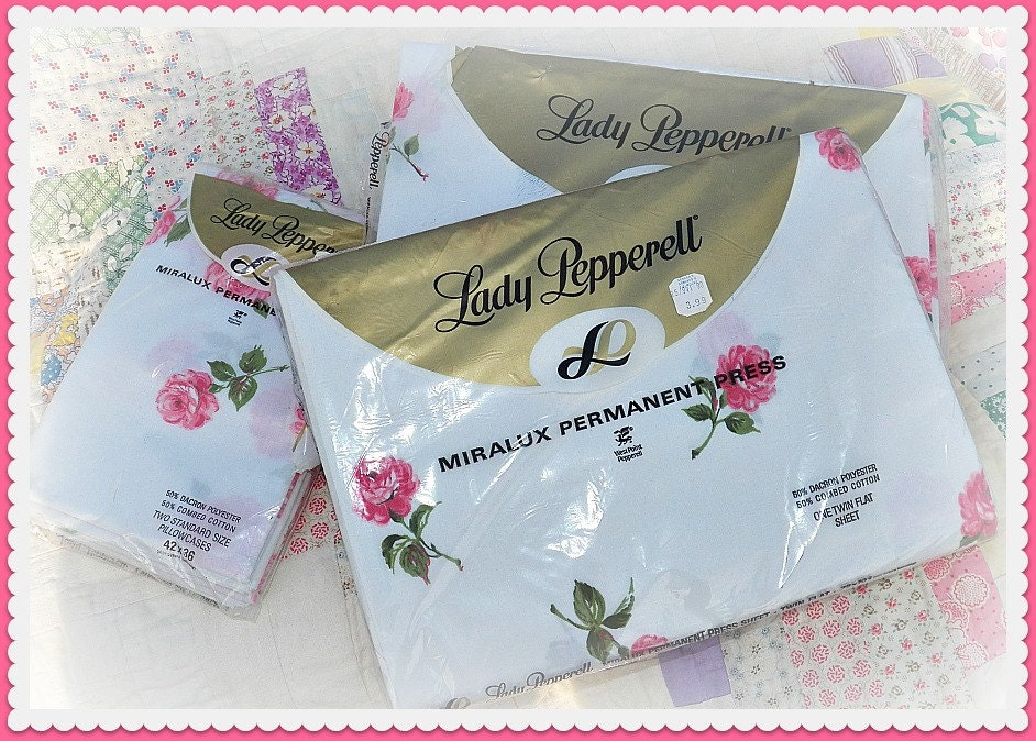 Two PAIRS - Vintage Twin Sheets (4 in all) with PINK ROSES on Snowy White - Matching Pillow Cases, Too