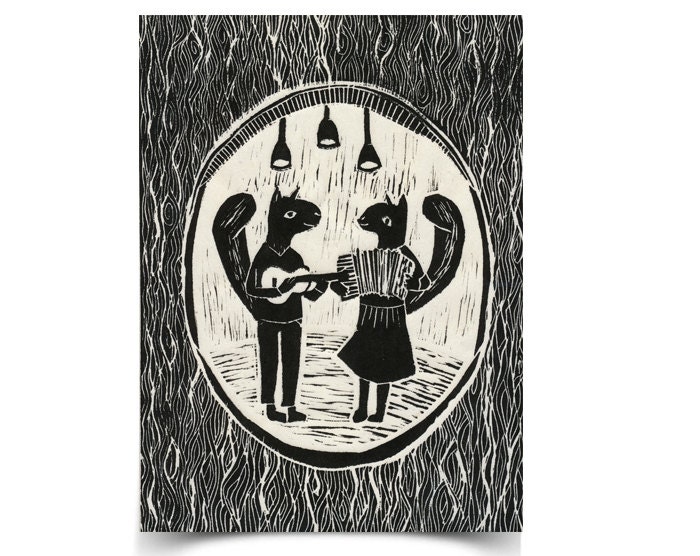 Squirrel Duo - ORIGINAL 8 of 20 - Hand-carved hand-pulled matted linocut print