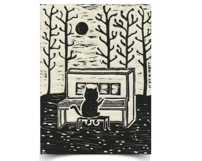Moggy's Minuet - ORIGINAL 6 of 20 -  Hand-carved hand-pulled matted linocut print - Cat at the Piano