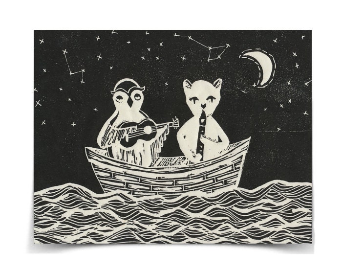 Owl and the Pussycat - ORIGINAL 9 of 20 - Hand-carved hand-pulled matted linocut print