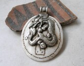 Vintage Conch, Sterling Silver Tibetan Pendant- Reversible Tibetan Pendant- Dragon and Monkey Silver Pendant