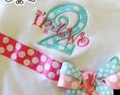Personalized Initial bodysuit onesie for baby girls toddler- Aqua, Light Pink, Hot Pink Applique Custom Order Polka Dot Bows