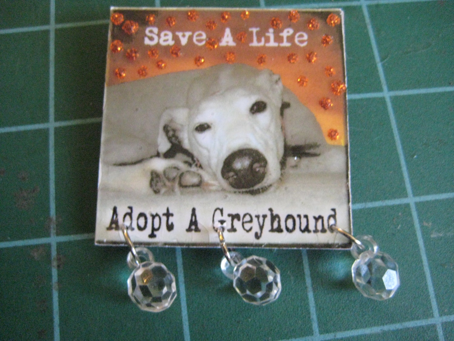 Grey2K Charity Item: Handmade Greyhound Rescue Pin with Cute Sparkle Dangles, All Proceeds Go to GREY2K Charity