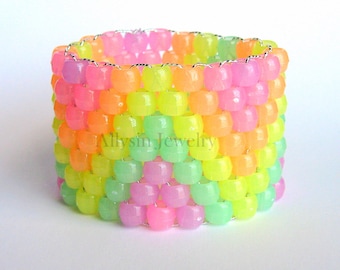 Rainbow Glow Kandi Cuff, Raver Plur Bracelet, Zig Zags, Glow in the Dark Kandi
