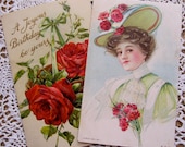 2 Vintage Postcard, Antique Postcard, Red Roses, Birthday,  paper ephemera